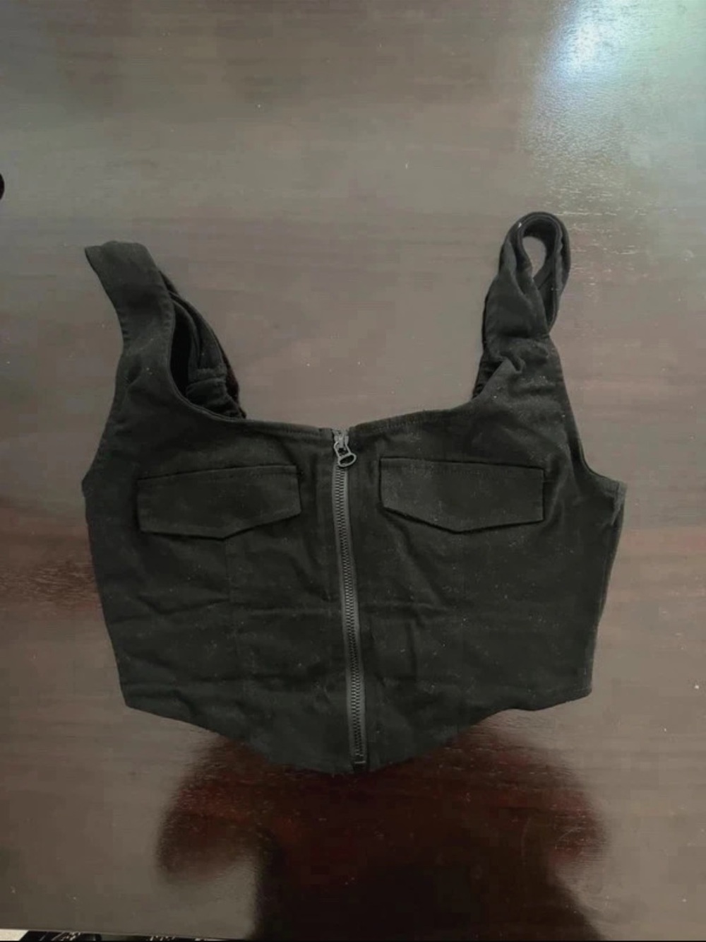 Black Front-Zip Crop Tank with Utility Flap Pockets